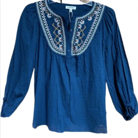 Max Studio Indigo Blue Boho Embroidered Peasant Flowy Blouse, XS - Picture 1 of 12